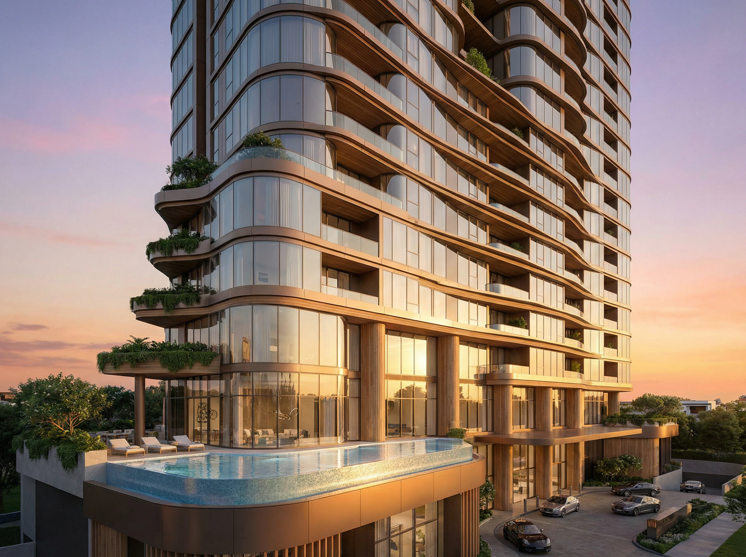 Visualização arquitetônica de um edifício com varandas curvas, vegetação e piscina ao pôr do sol